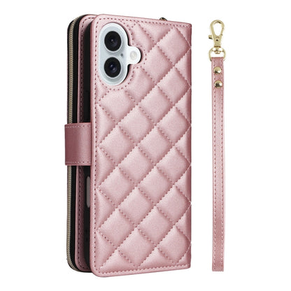 For iPhone 16 Plus Crossbody Rhombic Zipper Tower Buckle Leather Phone Case with Lanyard(Rose Gold) - iPhone 16 Plus Cases by PMC Jewellery | Online Shopping South Africa | PMC Jewellery | Buy Now Pay Later Mobicred