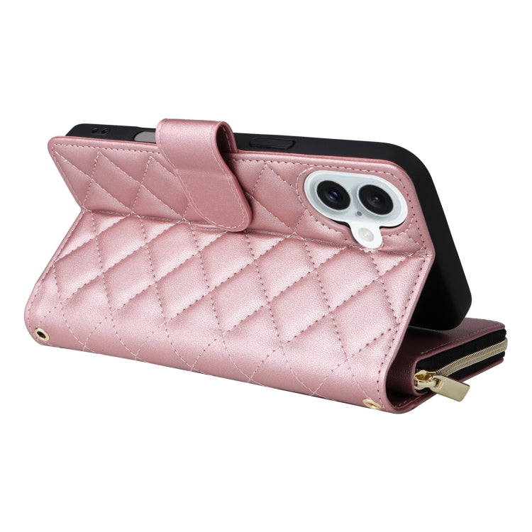 For iPhone 16 Plus Crossbody Rhombic Zipper Tower Buckle Leather Phone Case with Lanyard(Rose Gold) - iPhone 16 Plus Cases by PMC Jewellery | Online Shopping South Africa | PMC Jewellery | Buy Now Pay Later Mobicred