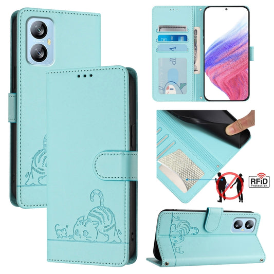 For Blackview A52 Cat Rat Embossed Pattern RFID Leather Phone Case with Lanyard(Mint Green) - More Brand by PMC Jewellery | Online Shopping South Africa | PMC Jewellery | Buy Now Pay Later Mobicred