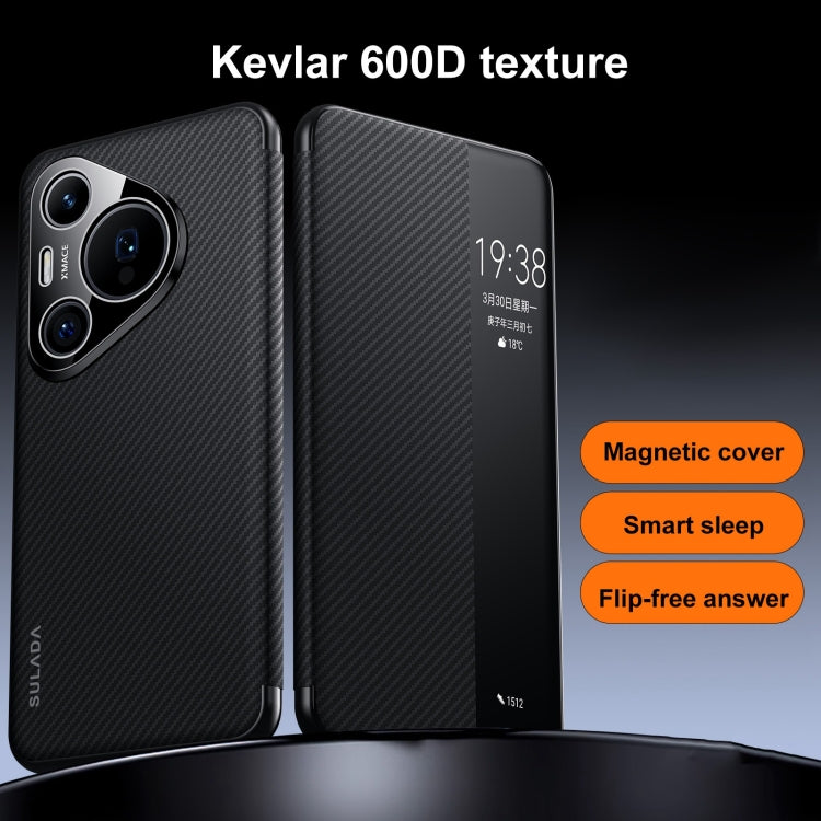 For Huawei Mate 60 RS Ultimate SULADA Kevlar 600D Texture Smart Window Leather Phone Case(Black) - Huawei Cases by SULADA | Online Shopping South Africa | PMC TechLife | Buy Now Pay Later Mobicred