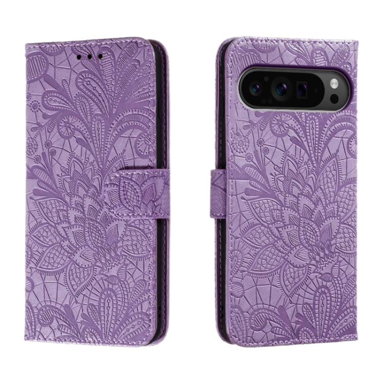 For Google Pixel 9 Pro Lace Flower Embossing Flip Leather Phone Case(Purple) - Google Cases by PMC Jewellery | Online Shopping South Africa | PMC Jewellery | Buy Now Pay Later Mobicred