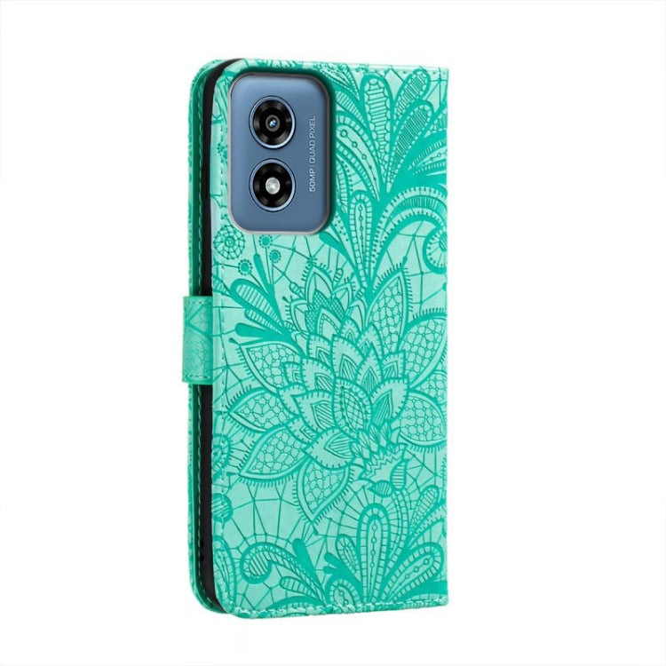 For Motorola Moto G Play 2024 Lace Flower Embossing Flip Leather Phone Case(Green) - Motorola Cases by PMC Jewellery | Online Shopping South Africa | PMC Jewellery | Buy Now Pay Later Mobicred