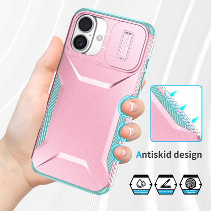 For iPhone 16 Plus Sliding Camshield Phone Case(Pink + Grey Green) - iPhone 16 Plus Cases by PMC Jewellery | Online Shopping South Africa | PMC Jewellery | Buy Now Pay Later Mobicred