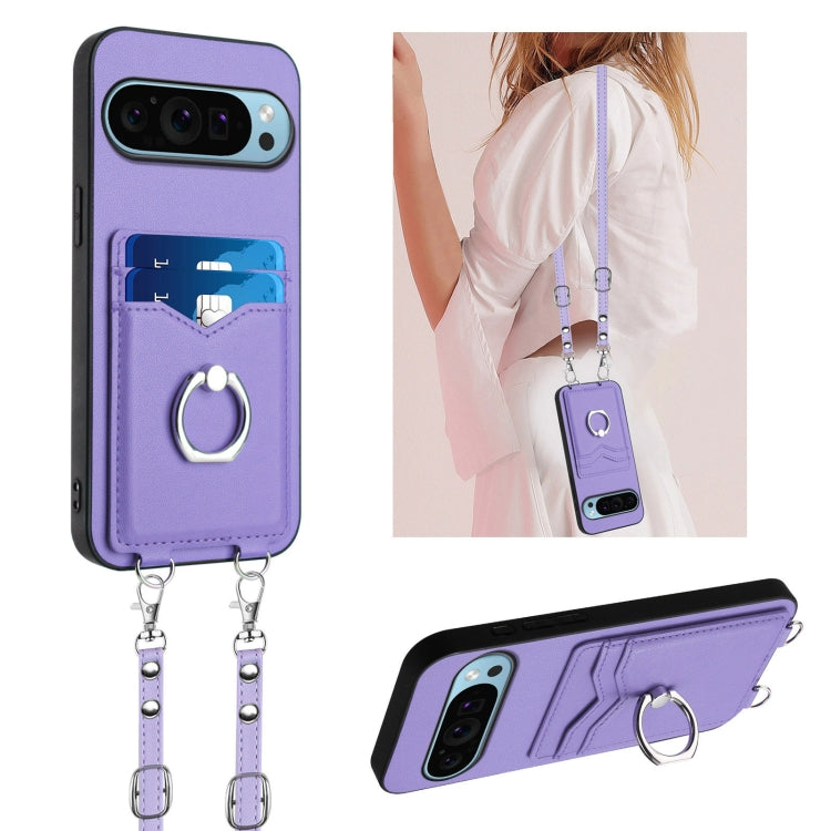 For Google Pixel 9 / 9 Pro R20 Crossbody Rope Ring Card Holder Phone Case(Purple) - Google Cases by PMC Jewellery | Online Shopping South Africa | PMC Jewellery | Buy Now Pay Later Mobicred