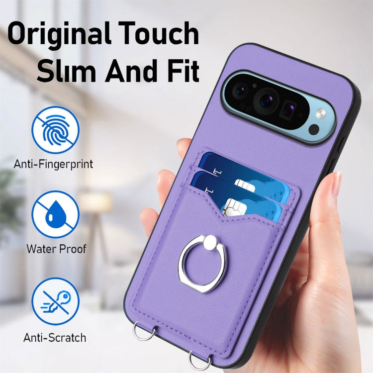 For Google Pixel 9 / 9 Pro R20 Crossbody Rope Ring Card Holder Phone Case(Purple) - Google Cases by PMC Jewellery | Online Shopping South Africa | PMC Jewellery | Buy Now Pay Later Mobicred