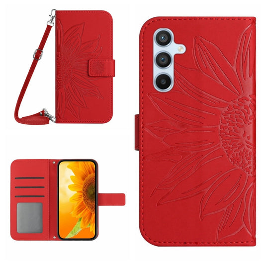 For Samsung Galaxy S25 5G Skin Feel Sun Flower Embossed Flip Leather Phone Case with Lanyard(Red) - Galaxy S25 5G Cases by PMC Jewellery | Online Shopping South Africa | PMC Jewellery | Buy Now Pay Later Mobicred