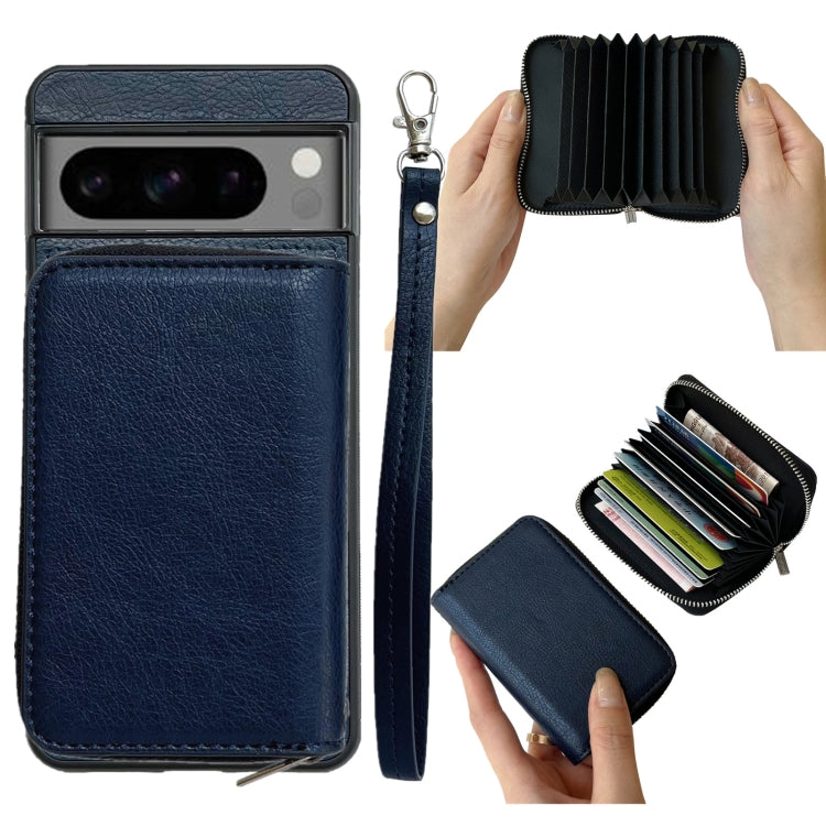 For Google Pixel 8a Solid Color Zipper 11-Card Slots Bag Phone Case with Lanyard(Blue) - Google Cases by PMC TechLife | Online Shopping South Africa | PMC TechLife | Buy Now Pay Later Mobicred