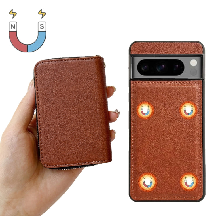 For Google Pixel 8 Solid Color Zipper 11-Card Slots Bag Phone Case with Lanyard(Brown) - Google Cases by PMC TechLife | Online Shopping South Africa | PMC TechLife | Buy Now Pay Later Mobicred