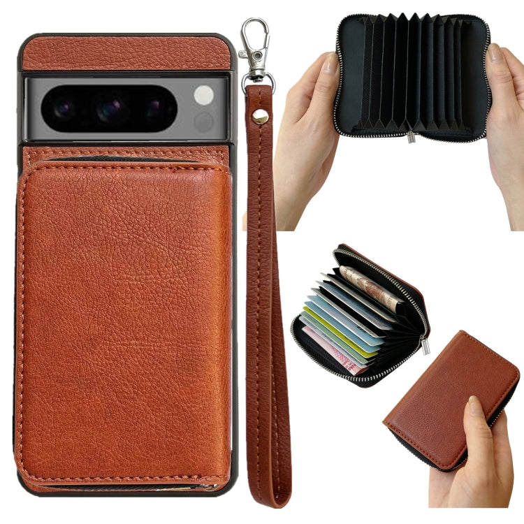 For Google Pixel 6 Pro Solid Color Zipper 11-Card Slots Bag Phone Case with Lanyard(Brown) - Google Cases by PMC TechLife | Online Shopping South Africa | PMC TechLife | Buy Now Pay Later Mobicred