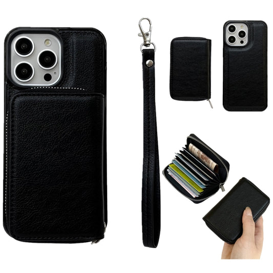 For iPhone 16 Pro Max Solid Color Zipper 11-Card Slots Bag Phone Case with Lanyard(Black) - iPhone 16 Pro Max Cases by PMC Jewellery | Online Shopping South Africa | PMC Jewellery | Buy Now Pay Later Mobicred