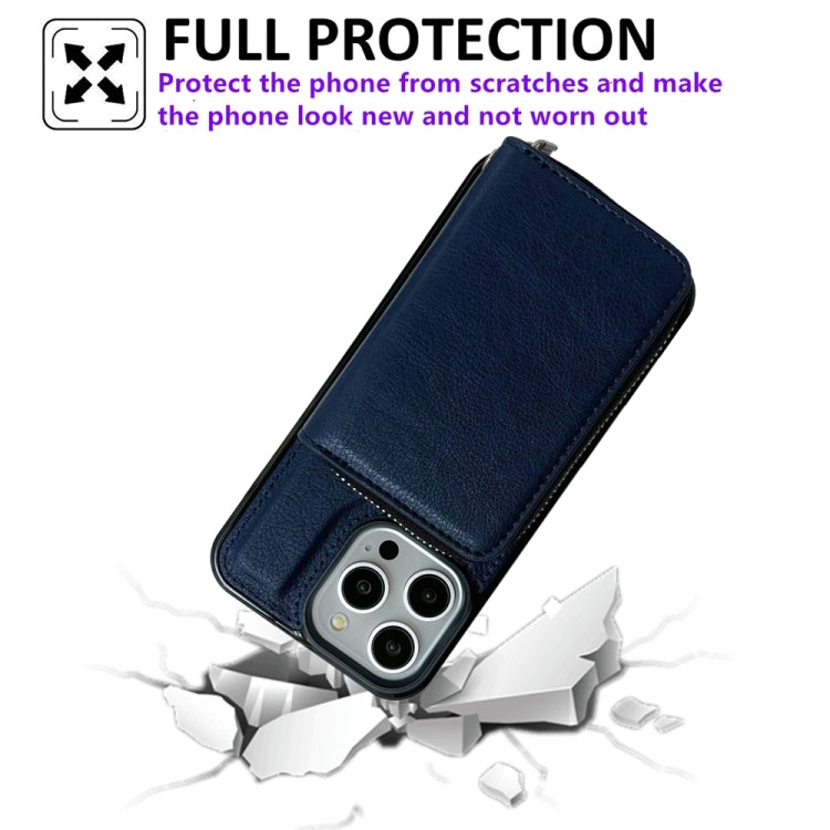 For iPhone 16 Pro Solid Color Zipper 11-Card Slots Bag Phone Case with Lanyard(Blue) - iPhone 16 Pro Cases by PMC Jewellery | Online Shopping South Africa | PMC Jewellery | Buy Now Pay Later Mobicred