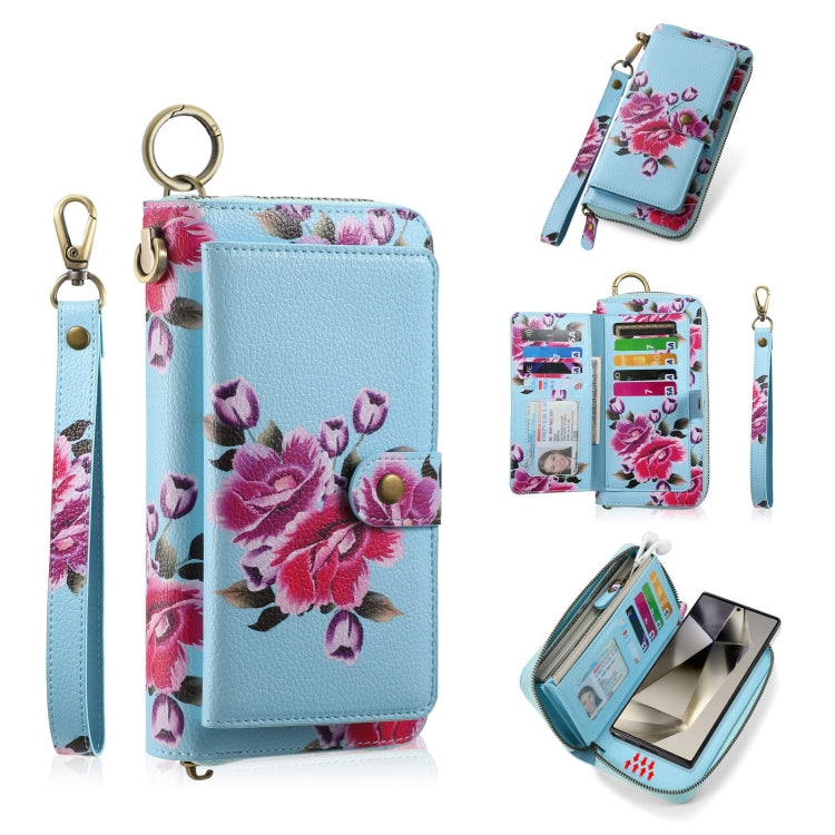 For Samsung Galaxy S24 5G POLA Flower Multi-functional Zipper Wallet Leather Phone Case(Sky Blue) - Galaxy S24 5G Cases by PMC Jewellery | Online Shopping South Africa | PMC Jewellery | Buy Now Pay Later Mobicred