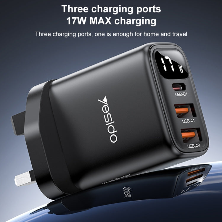 Yesido YC86 17W USB-C / Type-C + Dual USB Digital Display Charger, Specification:UK Plug(Black) - USB Charger by Yesido | Online Shopping South Africa | PMC TechLife | Buy Now Pay Later Mobicred