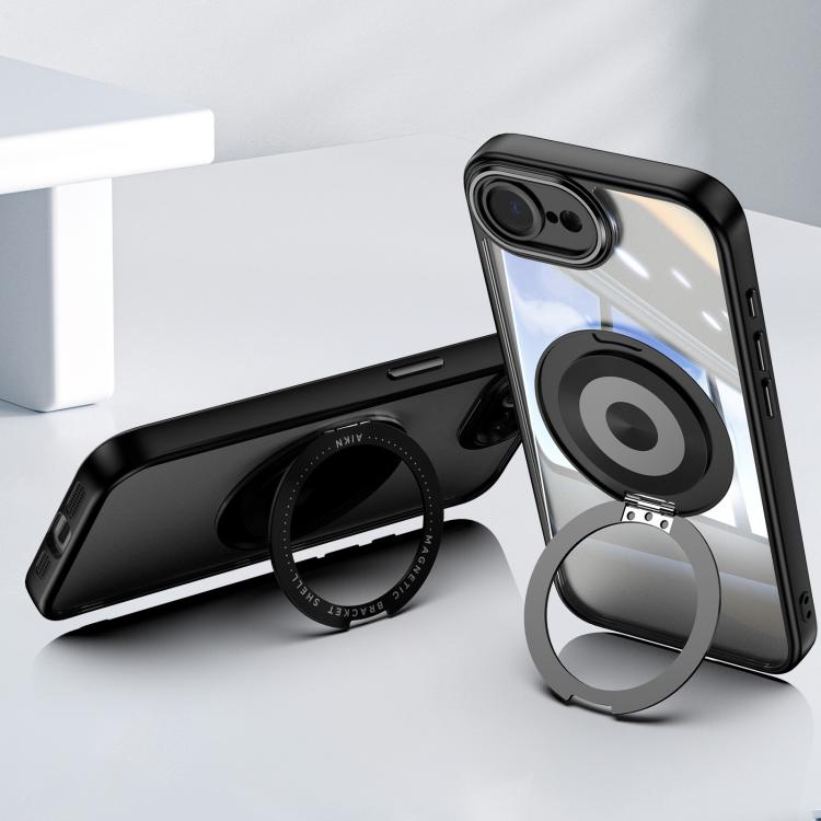 For iPhone 16e 360 Holder Magsafe Acrylic Hybrid TPU Phone Case(Black) - iPhone 16e Cases by PMC TechLife | Online Shopping South Africa | PMC TechLife | Buy Now Pay Later Mobicred