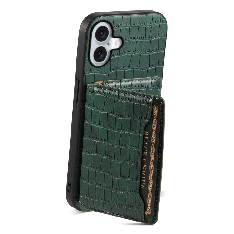 For iPhone 16 Plus Crocodile Texture Card Bag Design Full Coverage Phone Case(Green) - iPhone 16 Plus Cases by PMC Jewellery | Online Shopping South Africa | PMC Jewellery | Buy Now Pay Later Mobicred