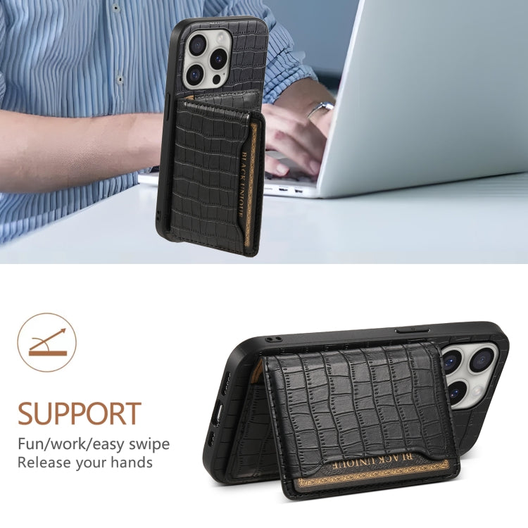 For iPhone 16 Pro Crocodile Texture Card Bag Design Full Coverage Phone Case(Black) - iPhone 16 Pro Cases by PMC TechLife | Online Shopping South Africa | PMC TechLife | Buy Now Pay Later Mobicred