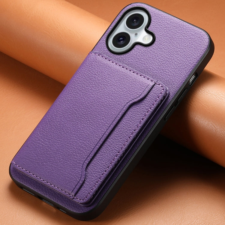 For iPhone 16 Calf Texture Card Bag Design Full Coverage Phone Case(Purple) - iPhone 16 Cases by PMC Jewellery | Online Shopping South Africa | PMC Jewellery | Buy Now Pay Later Mobicred