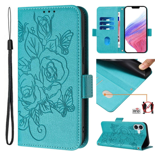 For iPhone 16 Embossed Rose RFID Anti-theft Leather Phone Case(Light Blue) - iPhone 16 Cases by PMC Jewellery | Online Shopping South Africa | PMC Jewellery | Buy Now Pay Later Mobicred