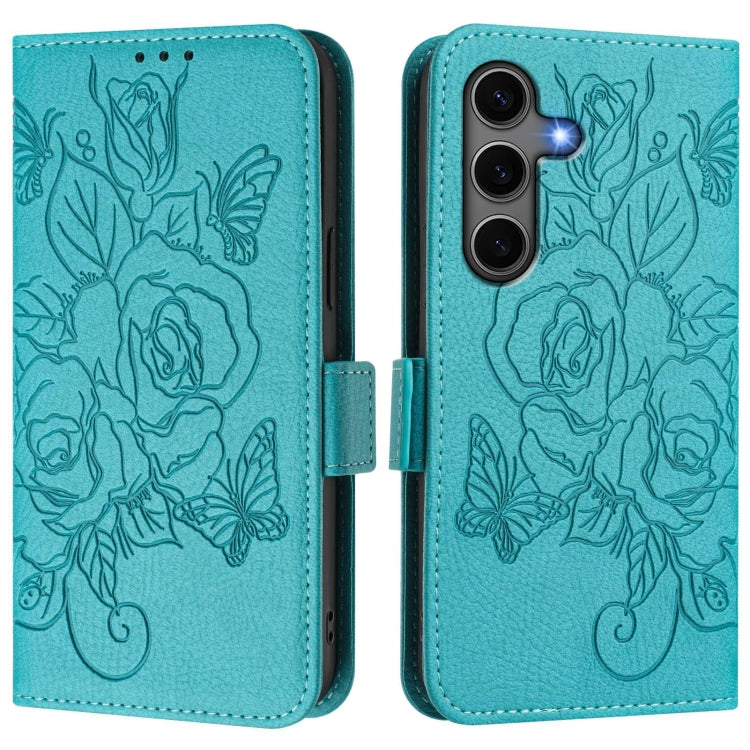 For Samsung Galaxy S25+ 5G Embossed Rose RFID Anti-theft Leather Phone Case(Light Blue) - Galaxy S25+ 5G Cases by PMC Jewellery | Online Shopping South Africa | PMC Jewellery | Buy Now Pay Later Mobicred