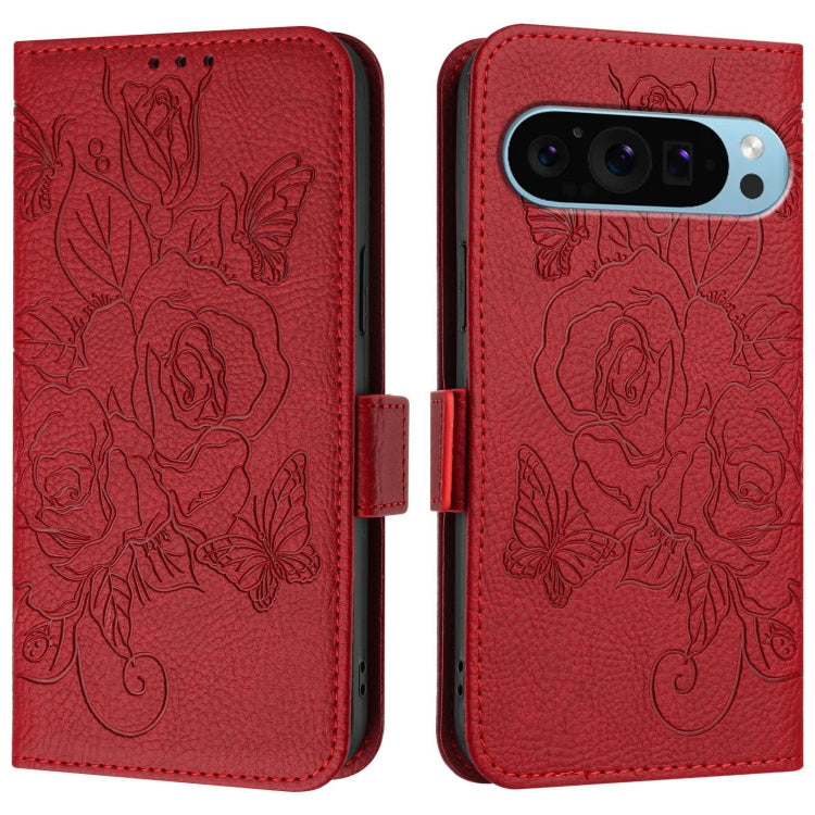 For Google Pixel 9 / 9 Pro Embossed Rose RFID Anti-theft Leather Phone Case(Red) - Google Cases by PMC Jewellery | Online Shopping South Africa | PMC Jewellery | Buy Now Pay Later Mobicred