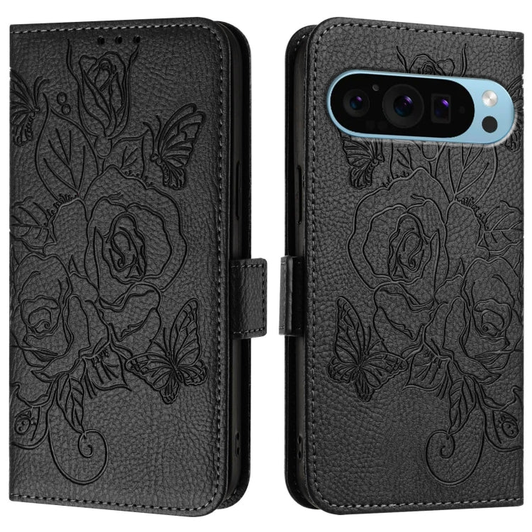 For Google Pixel 9 / 9 Pro Embossed Rose RFID Anti-theft Leather Phone Case(Black) - Google Cases by PMC Jewellery | Online Shopping South Africa | PMC Jewellery | Buy Now Pay Later Mobicred