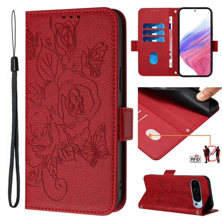 For Google Pixel 9 Pro XL Embossed Rose RFID Anti-theft Leather Phone Case(Red) - Google Cases by PMC TechLife | Online Shopping South Africa | PMC TechLife | Buy Now Pay Later Mobicred
