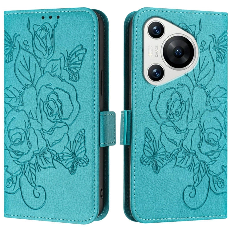 For Huawei Pura 70 Embossed Rose RFID Anti-theft Leather Phone Case(Light Blue) - Huawei Cases by PMC Jewellery | Online Shopping South Africa | PMC Jewellery | Buy Now Pay Later Mobicred