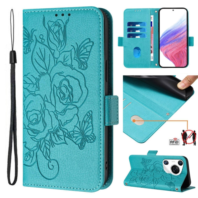 For Huawei Pura 70 Pro Embossed Rose RFID Anti-theft Leather Phone Case(Light Blue) - Huawei Cases by PMC Jewellery | Online Shopping South Africa | PMC Jewellery | Buy Now Pay Later Mobicred