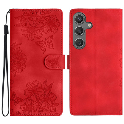 For Samsung Galaxy S25 5G Cherry Blossom Butterfly Skin Feel Embossed PU Phone Case(Red) - Galaxy S25 5G Cases by PMC Jewellery | Online Shopping South Africa | PMC Jewellery | Buy Now Pay Later Mobicred