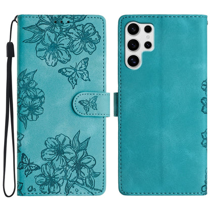 For Samsung Galaxy S25 Ultra 5G Cherry Blossom Butterfly Skin Feel Embossed PU Phone Case(Green) - Galaxy S25 Ultra 5G Cases by PMC Jewellery | Online Shopping South Africa | PMC Jewellery | Buy Now Pay Later Mobicred