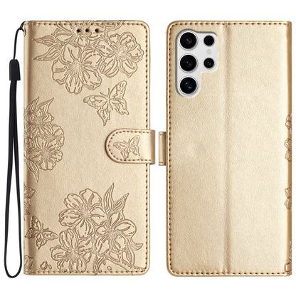 For Samsung Galaxy S25 Ultra 5G Cherry Blossom Butterfly Skin Feel Embossed PU Phone Case(Gold) - Galaxy S25 Ultra 5G Cases by PMC Jewellery | Online Shopping South Africa | PMC Jewellery | Buy Now Pay Later Mobicred