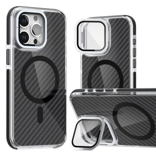 For iPhone 16 Pro Max Magsafe Dual-Color Carbon Fiber Lens Film Phone Case with Lens Fold Holder(Black) - iPhone 16 Pro Max Cases by PMC Jewellery | Online Shopping South Africa | PMC Jewellery | Buy Now Pay Later Mobicred