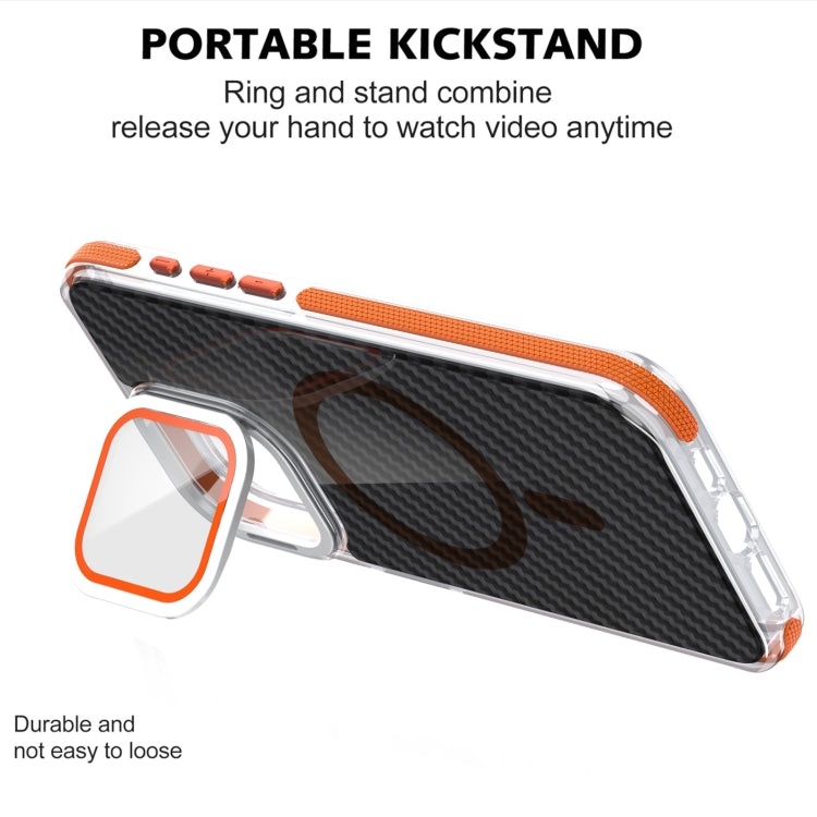 For iPhone 16 Magsafe Dual-Color Carbon Fiber Lens Film Phone Case with Lens Fold Holder(Orange) - iPhone 16 Cases by PMC Jewellery | Online Shopping South Africa | PMC Jewellery | Buy Now Pay Later Mobicred