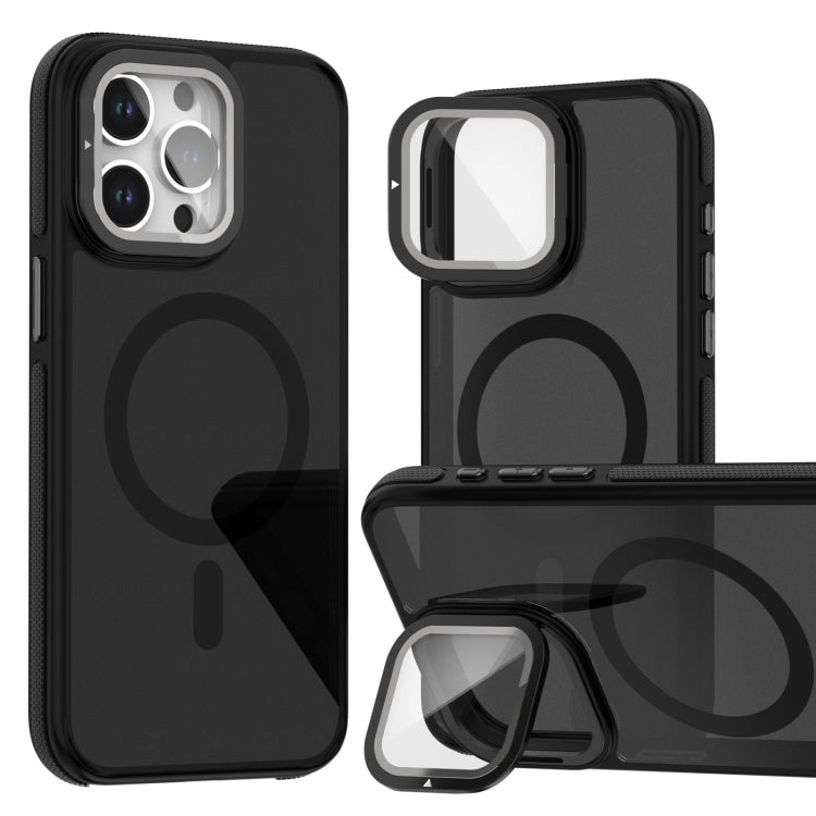 For iPhone 16 Pro Max Magsafe Dual-Color Skin Feel Lens Film Phone Case with Lens Fold Holder(Black) - iPhone 16 Pro Max Cases by PMC Jewellery | Online Shopping South Africa | PMC Jewellery | Buy Now Pay Later Mobicred