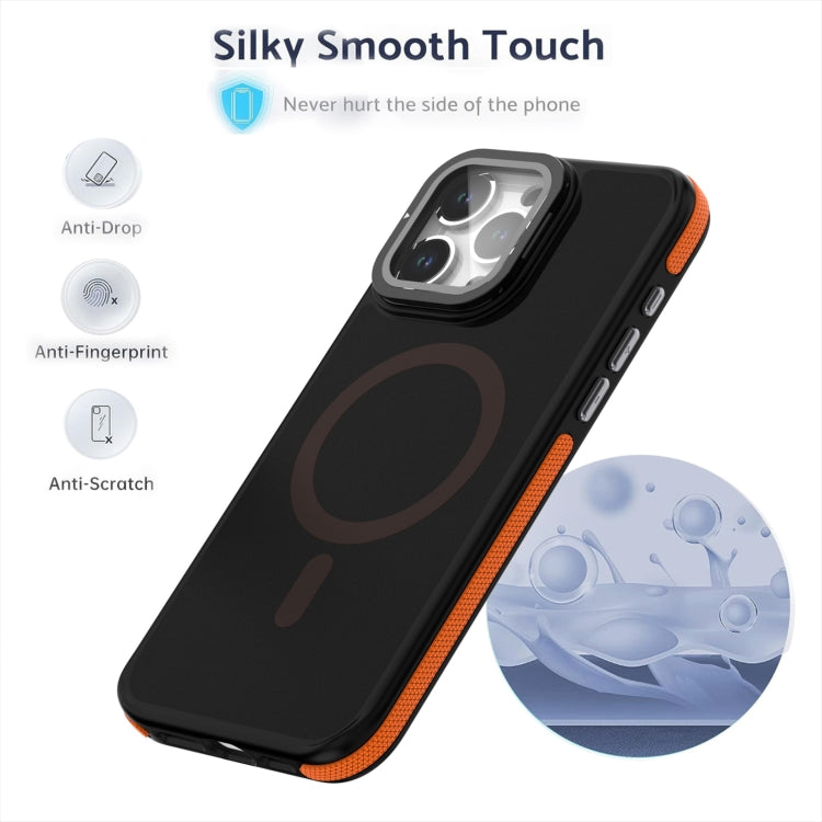 For iPhone 16 Plus Magsafe Dual-Color Skin Feel Lens Film Phone Case with Lens Fold Holder(Orange) - iPhone 16 Plus Cases by PMC Jewellery | Online Shopping South Africa | PMC Jewellery | Buy Now Pay Later Mobicred