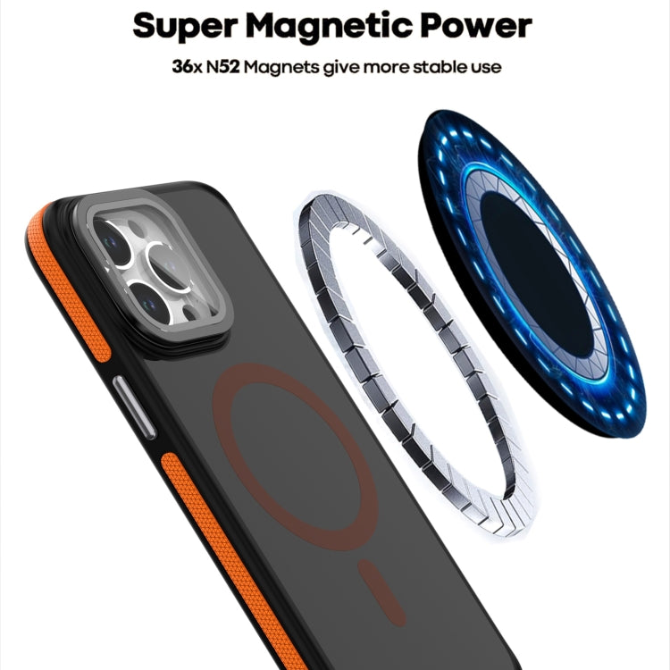 For iPhone 16 Plus Magsafe Dual-Color Skin Feel Lens Film Phone Case with Lens Fold Holder(Orange) - iPhone 16 Plus Cases by PMC Jewellery | Online Shopping South Africa | PMC Jewellery | Buy Now Pay Later Mobicred