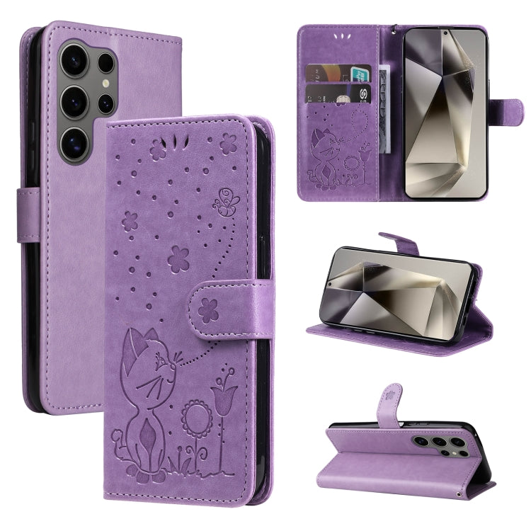 For Samsung Galaxy S25 Ultra 5G Cat and Bee Embossed Flip Leather Phone Case(Purple) - Galaxy S25 Ultra 5G Cases by PMC Jewellery | Online Shopping South Africa | PMC Jewellery | Buy Now Pay Later Mobicred