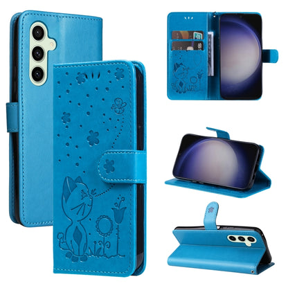 For Samsung Galaxy S25 / S24 5G Cat and Bee Embossed Flip Leather Phone Case(Blue) - Galaxy S25 5G Cases by PMC Jewellery | Online Shopping South Africa | PMC Jewellery | Buy Now Pay Later Mobicred