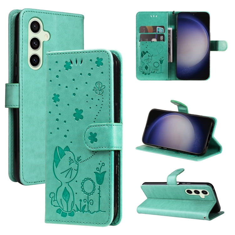 For Samsung Galaxy S25 / S24 5G Cat and Bee Embossed Flip Leather Phone Case(Green) - Galaxy S25 5G Cases by PMC Jewellery | Online Shopping South Africa | PMC Jewellery | Buy Now Pay Later Mobicred