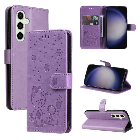 For Samsung Galaxy S25 / S24 5G Cat and Bee Embossed Flip Leather Phone Case(Purple) - Galaxy S25 5G Cases by PMC Jewellery | Online Shopping South Africa | PMC Jewellery | Buy Now Pay Later Mobicred