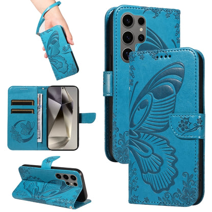 For Samsung Galaxy S25 Ultra 5G Swallowtail Butterfly Embossed Leather Phone Case(Blue) - Galaxy S25 Ultra 5G Cases by PMC Jewellery | Online Shopping South Africa | PMC Jewellery | Buy Now Pay Later Mobicred