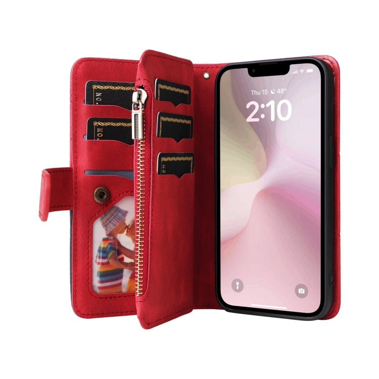 For iPhone 16e Dual-color 9 Card Slots Zipper Wallet Leather Phone Case(Red) - iPhone 16e Cases by PMC TechLife | Online Shopping South Africa | PMC TechLife | Buy Now Pay Later Mobicred