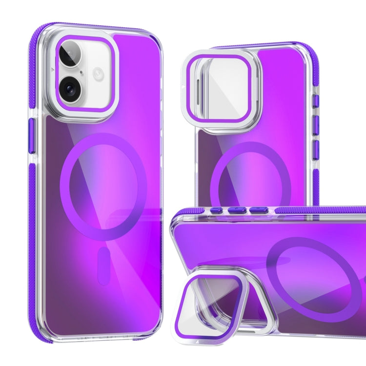 For iPhone 16 Plus MagSafe Gradient Color Lens Film Phone Case with Lens Fold Holder(Purple) - iPhone 16 Plus Cases by PMC Jewellery | Online Shopping South Africa | PMC Jewellery | Buy Now Pay Later Mobicred