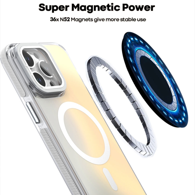 For iPhone 16 MagSafe Gradient Color Lens Film Phone Case with Lens Fold Holder(White) - iPhone 16 Cases by PMC TechLife | Online Shopping South Africa | PMC TechLife | Buy Now Pay Later Mobicred