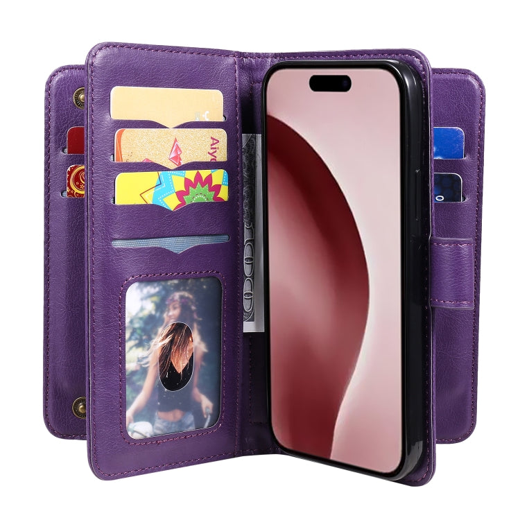 For iPhone 16 Pro Multi-Function Wallet 10 Card Slots Leather Phone Case(Violet) - iPhone 16 Pro Cases by PMC TechLife | Online Shopping South Africa | PMC TechLife | Buy Now Pay Later Mobicred