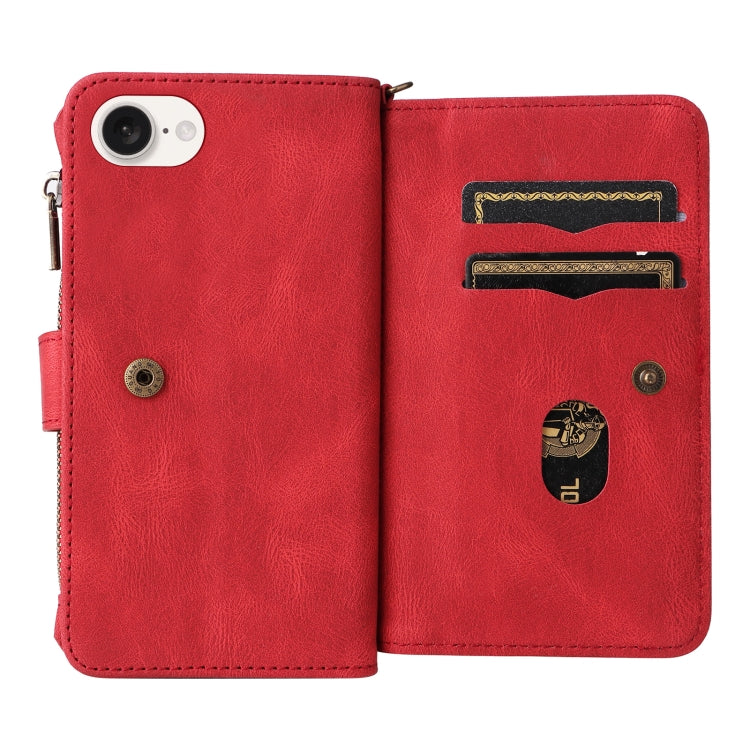 For iPhone 16e Skin Feel Multi Card Slots Zipper Wallet Leather Phone Case(Red) - iPhone 16e Cases by PMC TechLife | Online Shopping South Africa | PMC TechLife | Buy Now Pay Later Mobicred
