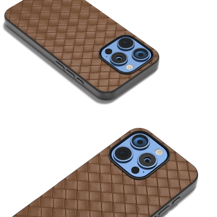 For iPhone 16 Pro Black Frame Woven Texture PU Phone Case(Brown) - iPhone 16 Pro Cases by PMC TechLife | Online Shopping South Africa | PMC TechLife | Buy Now Pay Later Mobicred