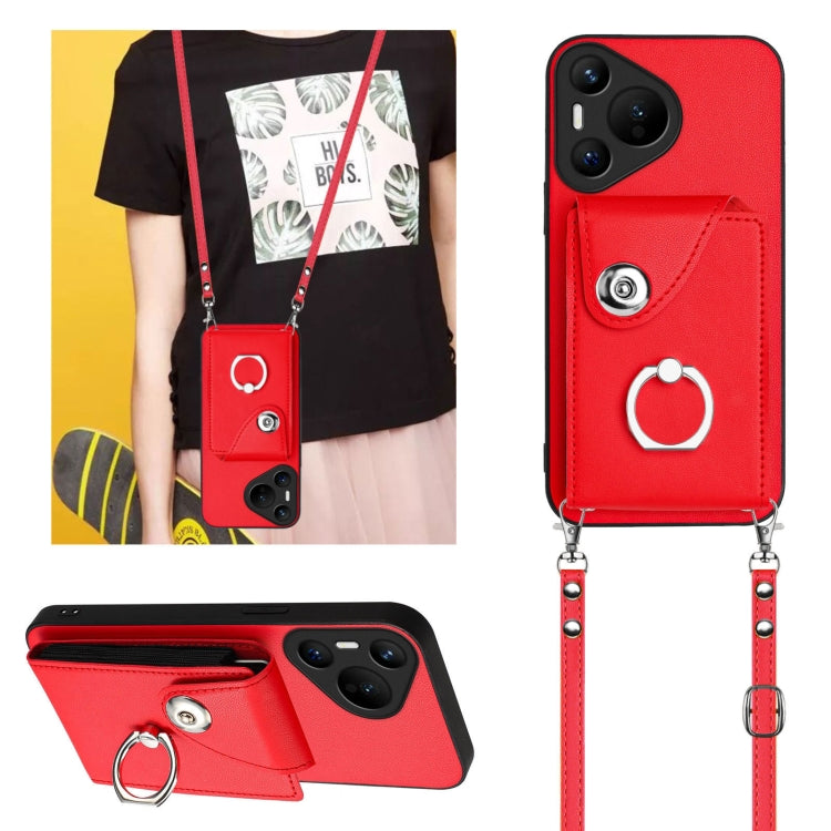 For Huawei Pura 70 Organ Card Bag Ring Holder Phone Case with Long Lanyard(Red) - Huawei Cases by PMC Jewellery | Online Shopping South Africa | PMC Jewellery | Buy Now Pay Later Mobicred