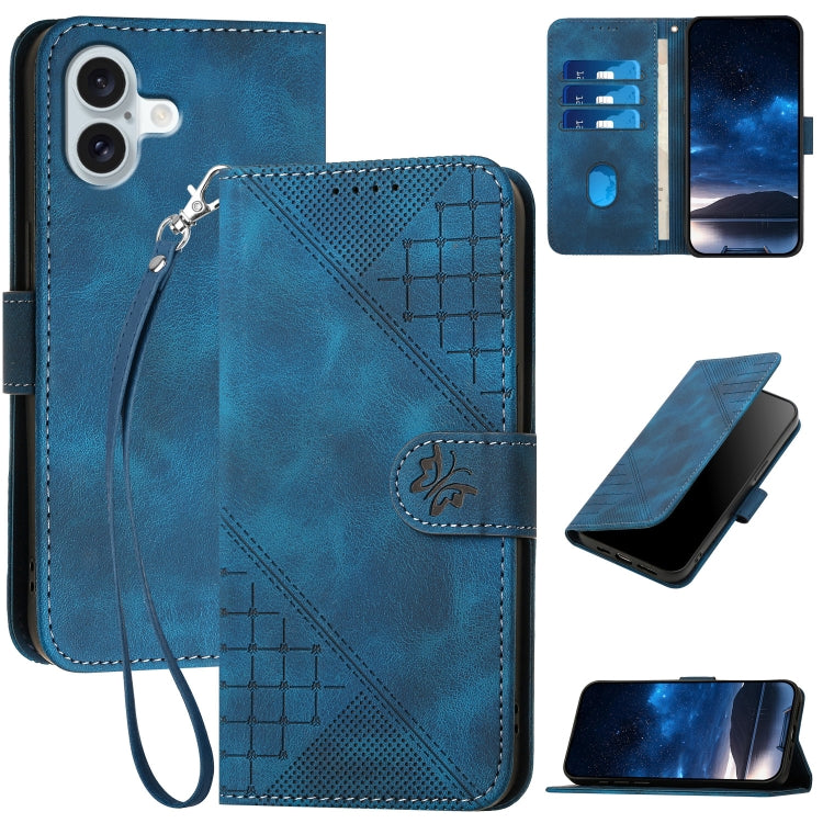 For iPhone 16 Plus YX0080 Grid Butterfly Embossed Pattern Flip Leather Phone Case with Lanyard(Dark Blue) - iPhone 16 Plus Cases by PMC Jewellery | Online Shopping South Africa | PMC Jewellery | Buy Now Pay Later Mobicred