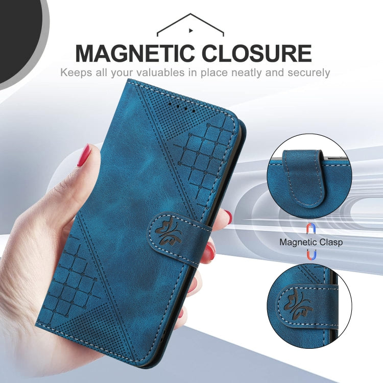 For iPhone 16e YX0080 Grid Butterfly Embossed Pattern Flip Leather Phone Case with Lanyard(Dark Blue) - iPhone 16e Cases by PMC TechLife | Online Shopping South Africa | PMC TechLife | Buy Now Pay Later Mobicred